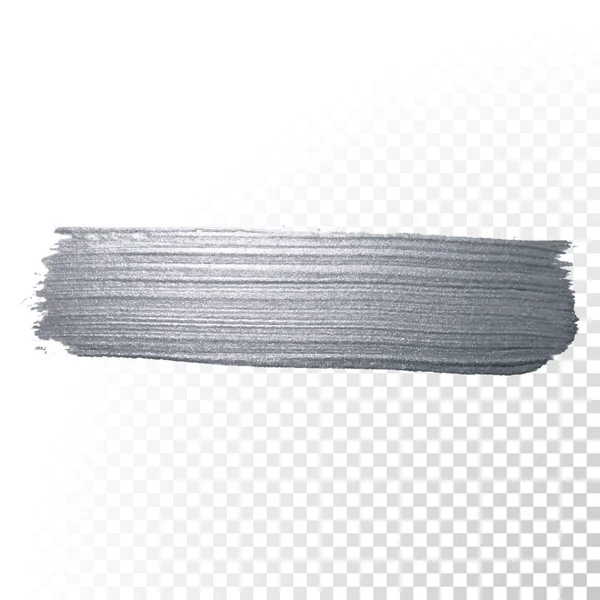 Pincelada de pincel de brillo plateado o mancha abstracta con textura de mancha sobre fondo transparente. Vector aislado brillante brillante pintura de plata salpicadura de tinta para el diseño de tarjetas de felicitación de lujo — Archivo Imágenes Vectoriales