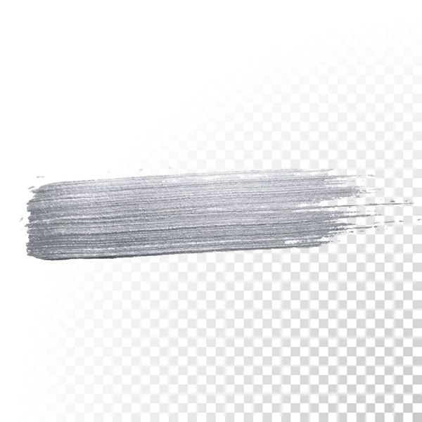 Stříbrná barva tahu nebo abstraktní dab potřeme stříbrné třpytky rozmazání textury na průhledném pozadí. Vektor, samostatný třpytivé a šumivé stříbrné barvy nebo inkoust paintbrush úvodní skvrny — Stockový vektor