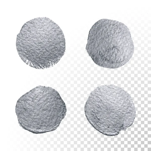 Ensemble de taches de cercle de pinceau à paillettes argentées ou texture abstraite de tache de frottis sur fond transparent. Ensemble isolé vectoriel de tache éclaboussante d'encre de peinture argentée pour carte de vœux de luxe — Image vectorielle