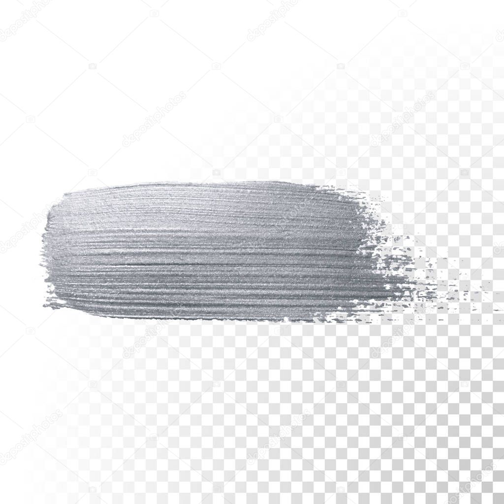 Silver glitter paint brush stroke or abstract dab smear with smudge texture on transparent background. Vector isolated glittering sparkling silver paint ink splash for luxury greeting card design