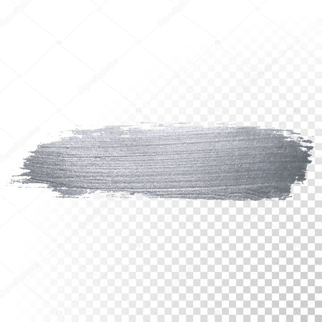 Silver glitter paint brush stroke or abstract dab smear with smudge texture on transparent background. Vector isolated glittering and sparkling silver paint paintbrush splash stain for luxury design