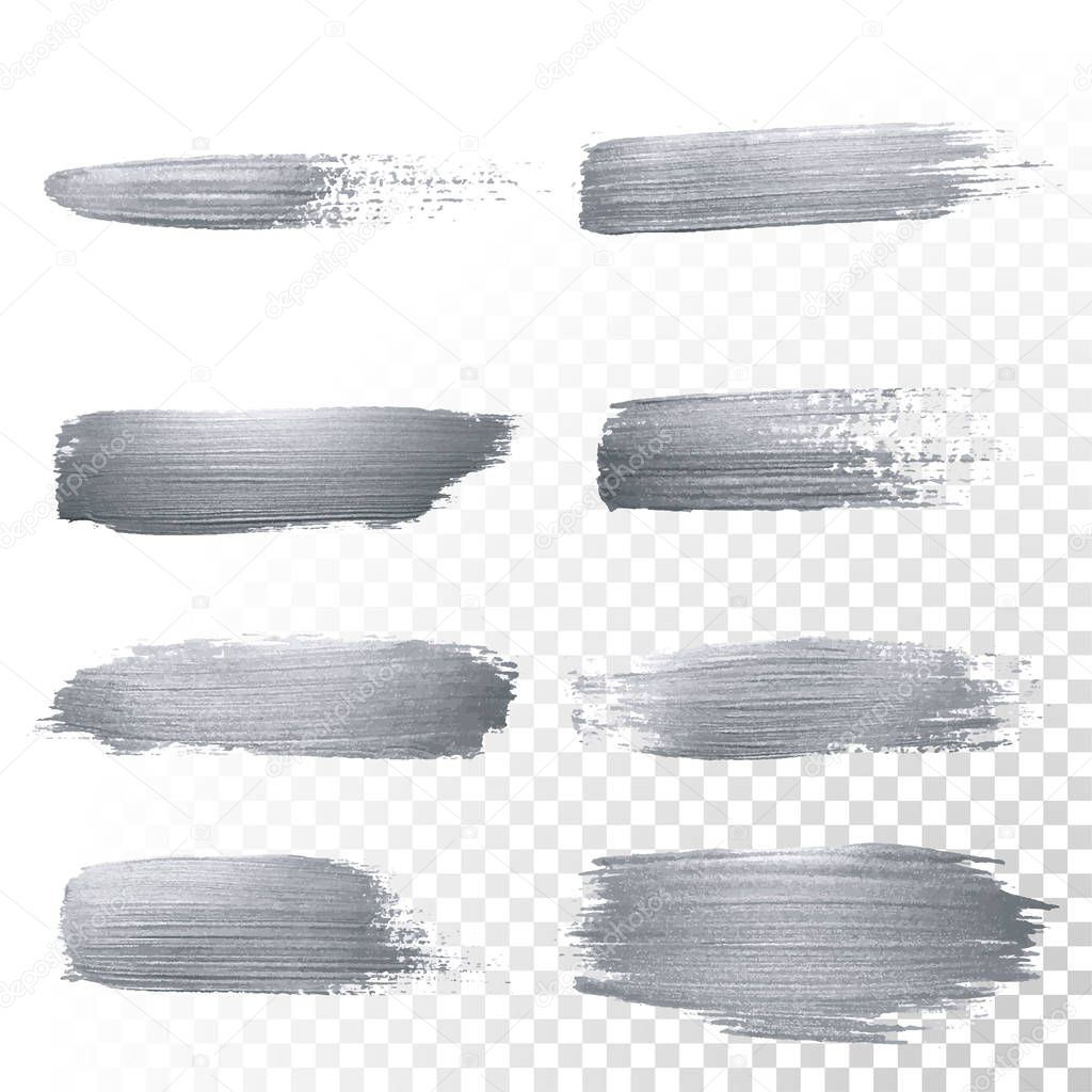 Silver glitter paint brush strokes set or abstract dab smear with smudge texture on transparent background. Vector isolated set of glittering silver paint ink splash for luxury cosmetic design