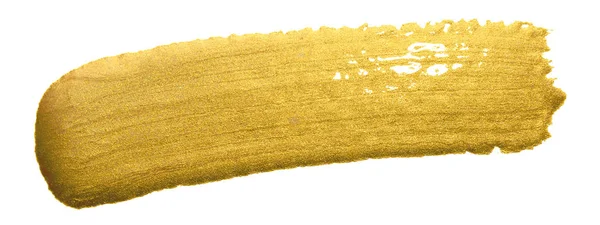 Zlatá barva nátěru tahu. Akrylové zlaté barvy skvrna na bílém pozadí. Abstraktní zlaté třpytivé texturou lesklý obrázek jako designový prvek pro pozvánky, svatební nebo bithday karta šablony — Stock fotografie