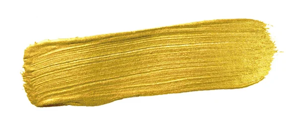 Banner de pincel de color oro. Mancha de frotis de acrílico dorado sobre fondo blanco. Brillo abstracto detallado oro brillante texturizado trazo de pintura húmeda para la plantilla de diseño de la tarjeta de invitación partido —  Fotos de Stock