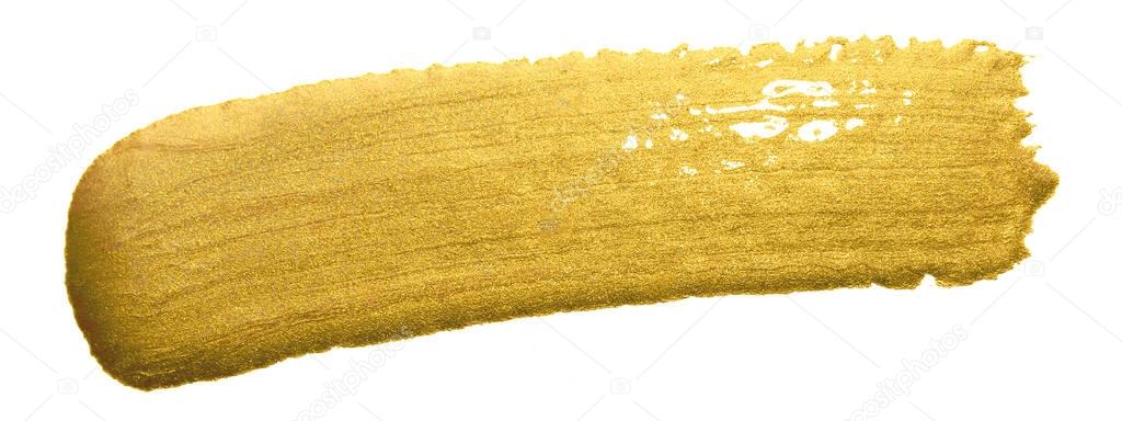 Gold paint brush smear stroke. Acrylic golden color stain on white background. Abstract gold glittering textured glossy illustration as design element for invitation, wedding or bithday card template