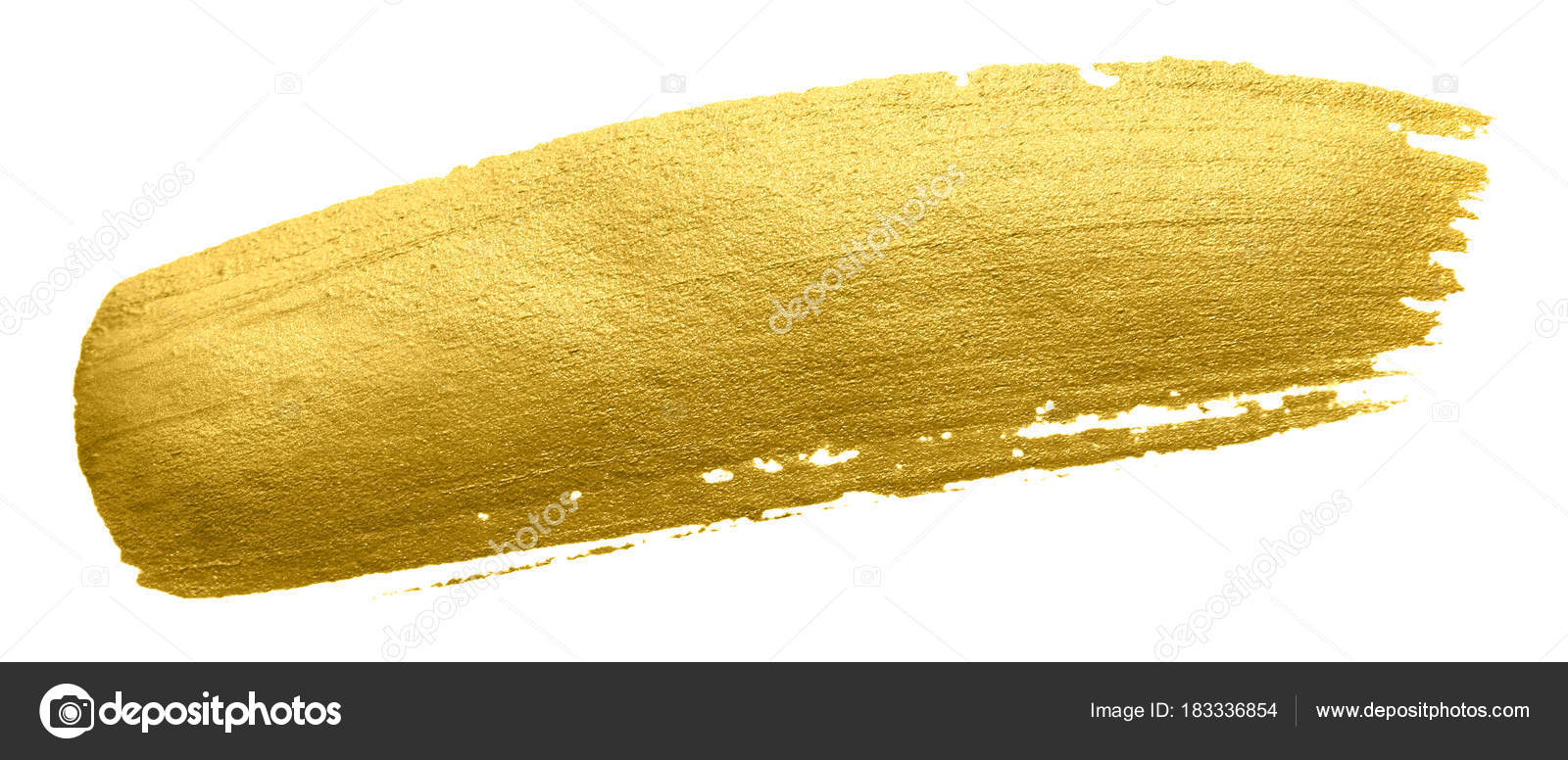 Gold paint brush smear stroke. Acrylic golden color stain on white