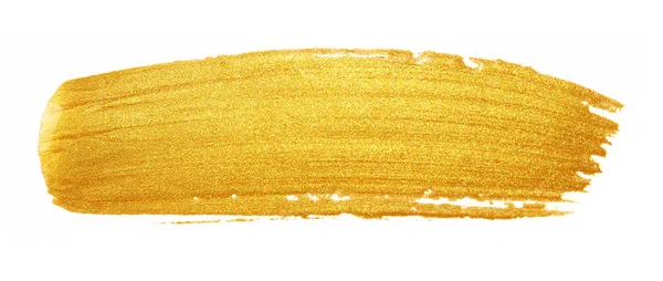 Golded χρώμα πινελιάς. Glitter χρυσό χρώμα επίχρισμα λεκές σε λευκό φόντο. Banner Gold εγκεφαλικό με γυαλιστερή υφή για banner, πρόσκληση, γάμο ή bithday πρότυπο κάρτας — Φωτογραφία Αρχείου