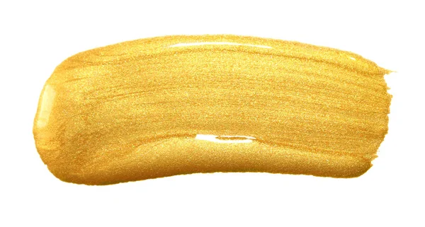 Pennellata colore oro. Macchia acrilica dorata su sfondo bianco. Astratto dettagliato oro scintillante strutturato colpo di vernice bagnata per Natale modello di carta di vacanza di design — Foto Stock