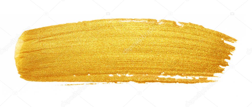 Golded paint brush stroke. Glitter gold color smear stain on white background. Gold stroke banner with glossy texture for banner, invitation, wedding or bithday card template