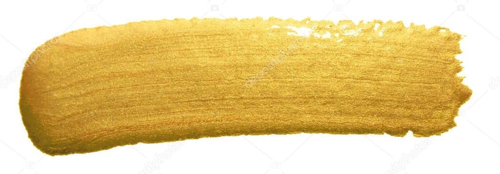 Gold color paint brush banner. Acrylic golden smear stroke stain on white background. Shine abstract detailed gold glittering textured wet paint stroke for party invitation card design template