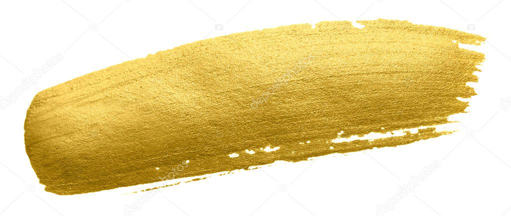 Gold paint brush smear stroke. Acrylic golden color stain on white background. Abstract gold glittering textured glossy illustration as design element for invitation, wedding or bithday card template