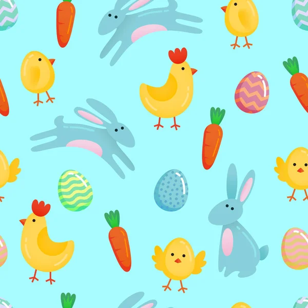 Διάνυσμα Πάσχα χωρίς ραφή πρότυπο υπόβαθρο με χαριτωμένο χαρτί χρωματιστό περίτεχνα αυγά αποκοπών, γελοιογραφία γκόμενα και chiken, Πάσχα banny, κουνέλι σε φρέσκο μπλε πράσινο φόντο. Αστεία Πάσχα σχέδιο προτύπου — Διανυσματικό Αρχείο