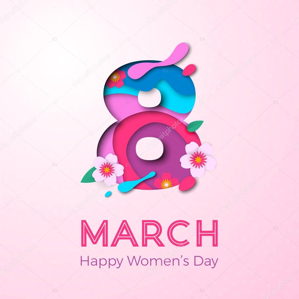 8 March papercut illustration for International Women's Day card. Vector paper cut number Eight with cherry blossom on elegant pink background. Trendy modern women's day greeting card template