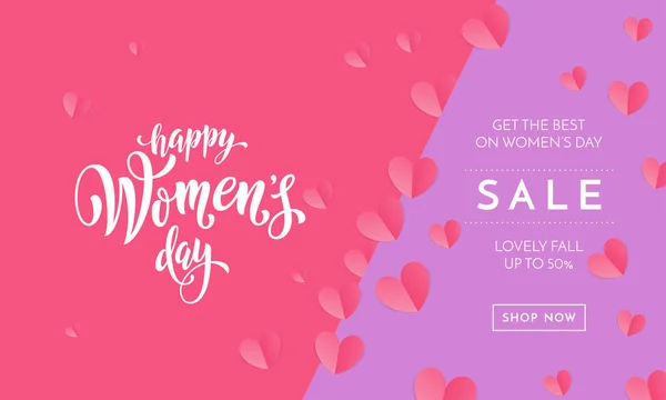 Cartaz de venda do dia das mulheres ou banner para a loja de férias do dia das mães oferta de desconto sazonal. Vector Dia Internacional da Mulher em 8 de março modelo de design de padrão de corações rosa no fundo roxo rosa —  Vetores de Stock