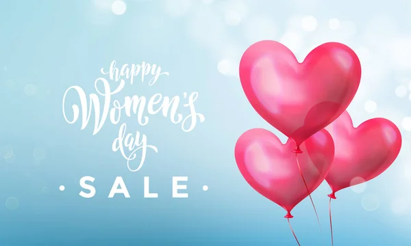 Ευτυχισμένος γυναικών μέρα πώληση πανό με ballon καρδιά σε φόντο ρομαντικό μπλε φως bokeh. Διάνυσμα 8 Μαρτίου χαιρετισμούς κείμενο αφίσα για πώληση ημέρα της μητέρας. Ημέρα των διεθνών γυναικών έκπτωση flyer πρότυπο — Διανυσματικό Αρχείο