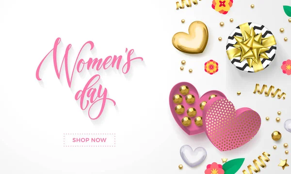 Dia das mulheres cartão de saudação de coração decoração caixa de presente com chocolate doce em papel dourado para 8 Março de. Caligrafia de texto vetorial e confete de ouro para o projeto de fundo branco Happy Womens Day — Vetor de Stock