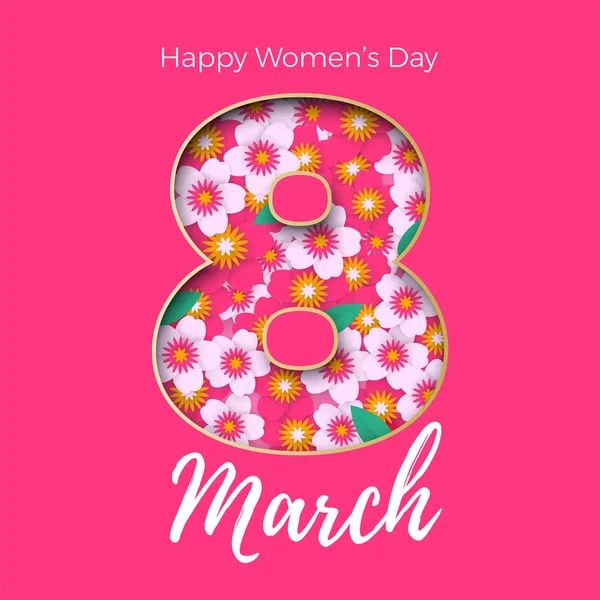 3 月 8 日国際女性の日カードのペーパー イラスト。幸せな女性の日ベクター紙は、ピンク色の背景に桜と 8 数を削減しました。おしゃれな母の日グリーティング カード テンプレート — ストックベクタ
