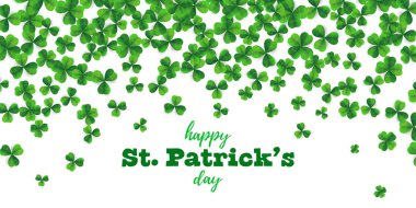 Patrick günü arka plan vektör dört yapraklı yonca desen arka plan ile. St Patrick günü kartı şanslı çiçeğe yapraklı yeşil arka plana sahip. İrlandalı Bira Festivali. Vektör yeşil çim yonca desen arka plan