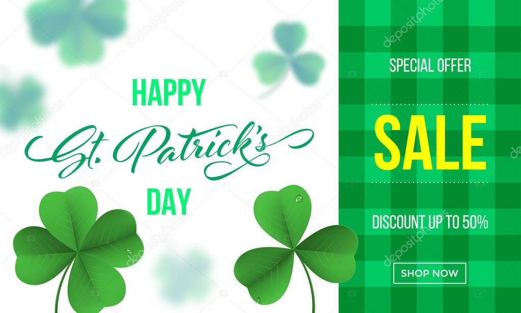Happy Saint Patrick's day sale banner with shamrock clover on green gingham background. Vector St Patrick sale lettering for Feast of Saint Patrick festival day 17 March. Irich holiday greeting card