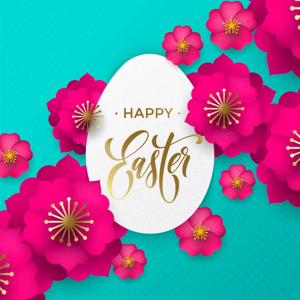 Happy Easter greeting card of egg paper cut and flowers pattern for Easter Hunt or He is Risen holiday celebration. Vector papercut floral design with gold text for Easter poster or web banner — Stock Vector