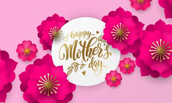 Mothers Day greeting card of red flower pattern and gold text on floral pink and red background for Mother Day holiday design