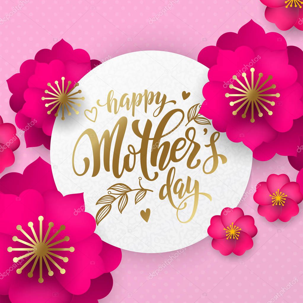 Mothers Day greeting card of red flowers pattern and gold text. Vector floral pink and red background for Mother Day holiday design