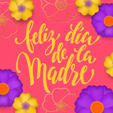 Anneler günü İspanyol tebrik kartı kırmızı içinde desen ve altın metin Feliz dia de la Madre çiçekler. Anneler günü tatil tasarım altın, sarı, mavi çiçekler arka plan için vektör çiçek pembe arka plan