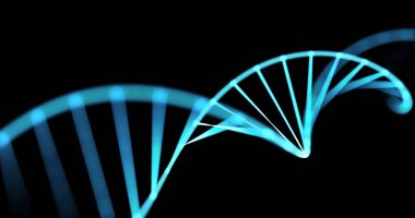 DNA sarmalı, gen molekülü spiral döngüsü, 3 boyutlu genetik kromozom hücresi. Moleküler genetik bilim, genom biyoteknoloji ve sağlık ilaçları için siyah zemin üzerindeki mavi ışık sarmalı DNA molekülü