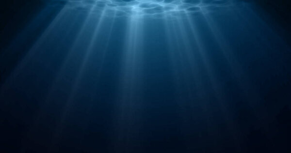 Подводное освещение, солнечный свет светит под водой с рябью на поверхности. Реалистичный солнечный свет под глубокой водой с отражением, голубым океаном или синим фоном
