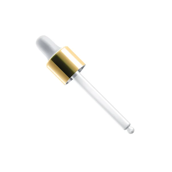 Σταγονομετρητής γυάλινος με χρυσό καπάκι, 3d ρεαλιστικό mockup. Μπουκαλάκι καλλυντικό γυάλινο σταγονόμετρο με λευκή λαστιχένια μύτη και διάφανη άδεια πιπέτα για ενυδατική κρέμα προσώπου και λάδι ορού κολλαγόνου — Φωτογραφία Αρχείου