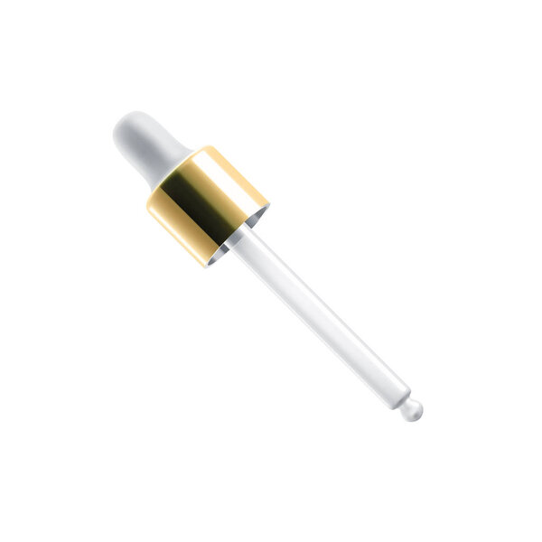Glass dropper with golden cap, 3D realistic mockup. Cosmetic bottle glass dropper with white rubber tip and transparent empty pipette for face skincare moisturizer and collagen serum oil