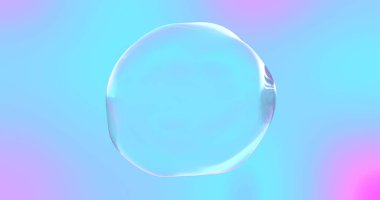 Yanardöner pembe ve mavi renkli arka planda şeffaf yüzeyi olan sabun köpüğü. Soyut kromatik şekil bozan küre veya su damlası ve sabun köpüğü