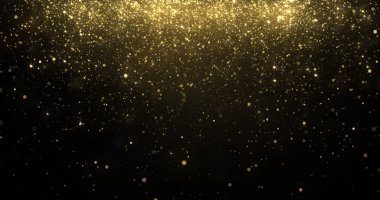 Altın parıltılı konfeti parçacıkları düşüyor, altın parıltılı ışık arka planı Noel tatili için. Soyut sihirli, pırıl pırıl pırıl, havai fişek kıvılcımlı parıldayan konfeti.