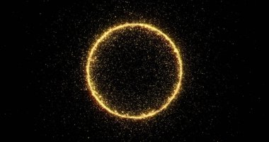 Altın parıltılı ışık çemberi parıldıyor ve altın kıvılcım parçacıkları siyah arkaplanda daire şeklinde. Noel yıldızları parlıyor, havai fişek konfetileri parıldıyor.