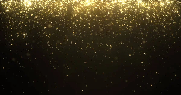 Goldglitzerpartikel, die mit glitzerndem Glanzlicht fallen, weihnachtlicher Hintergrund. Goldglitzerndes Konfetti und Feuerwerk glitzernde Funken fallen mit Unschärfeeffekt — Stockfoto