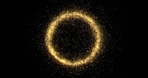 Gold glitter circle with glittering light shine sparkles frame on black background for Christmas holiday. Abstract magic glow of shimmering confetti and firework glittering sparks trail — Stockfoto
