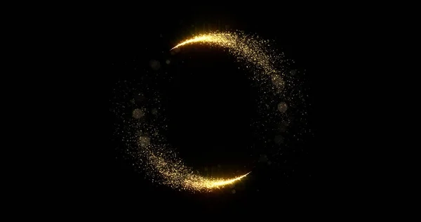 Gold glitter circle trails, glittering light shine sparkles ring on black background. Christmas and New Year holiday magic glow confetti and firework glittering sparks frame