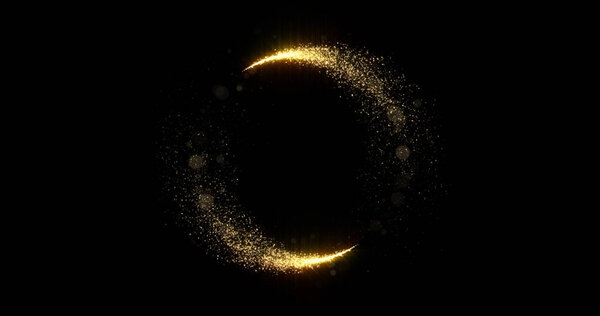 Золотой блеск круга следы, сверкающий свет блестит блестки кольцо на черном фоне. Рождественские и новогодние праздники волшебные светящиеся конфетти и фейерверки сверкающие искры рамка
