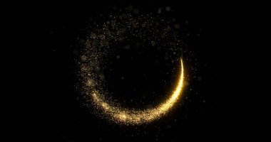Altın parıltılı ışık çemberi parıldıyor ve altın kıvılcım parçacıkları siyah arka planda iz bırakıyorlar. Noel yıldızları parlıyor, havai fişek konfetileri parıldıyor.