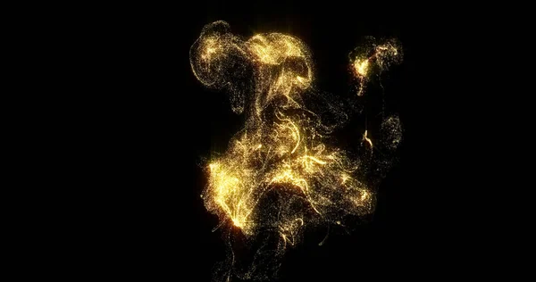 Złoty dym, lśniące złote cząstki płynu, płynne światło lśni na czarne tło. Błyszczące złoto, błyszcząca, magiczna mgła świecąca z zakręconym wirem i efektem odparowywania — Zdjęcie stockowe