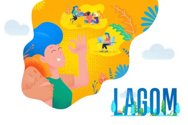 Lagom İsveç yaşam dengesi, konfor higge yaşam tarzı konsepti, vektör modern düz tasarım. İskandinav lagom yaşam tarzı eğilimi, iş yerindeki insanlar ve doğa rahatlar