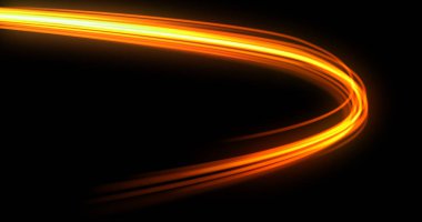 Işık dalgası patikası, turuncu sarı neon ışıklı kıvrım ve dönüş izi. Optik fiber ışıltı efekti ve sihirli parlak ateş ışığı siyah arka planda kıvrılarak hareket ediyor.