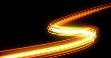 Parlak ışık izi, turuncu neon parlak dalga izi, enerji flaşı ve ateş etkisi. Sihirli kıvrımlı girdap izi, optik fiber teknoloji ve siyah arkaplanda hız hareketinde ışık