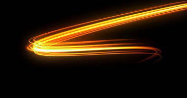 Parlak ışık izi, turuncu neon parlak dalga izi, enerji flaşı ve ateş etkisi. Siyah zemin üzerinde sihirli kıvrımlı girdap izi, optik fiber teknoloji ve hız hareketindeki ışık