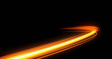 Işık huzmesi, neon sarısı ve turuncu parlak yol izi. Işık dalgası, ateş yolu iz çizgisi, araba ışıkları, optik fiber ve akkor eğri
