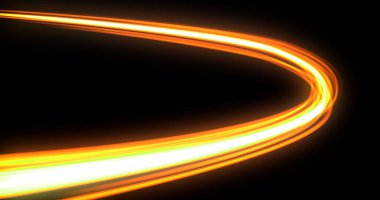 Işık dalgası kıvrımlı, neon ışıklı iz sürme, turuncu sarı flaşlı iz sürme efekti siyah arka planda. Araba ışıkları parıldıyor, optik fiber ve sihirli parlak ışık, enerji alev çizgisi eğrisi