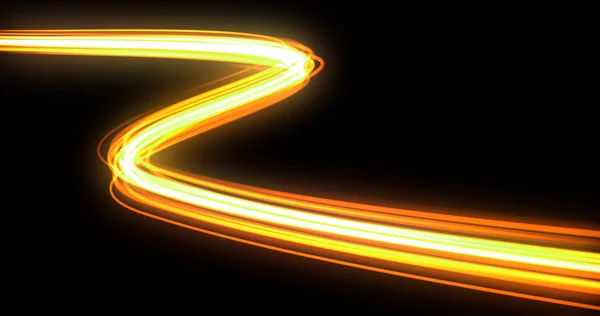 歩道のパスを持つ光の波、オレンジネオン輝くフラッシュトレース。車のライトは黒い背景の動き曲線の効果、光ファイバーの輝きと魔法の明るい光をトレースします。 — ストック写真