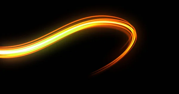 Light wave trail path, orange yellow neon glowing flash spin trace. Car lights glow effect, optic fiber and magic bright light flare in motion curve swirl on black background