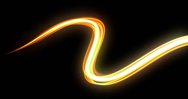 Ścieżka krzywej fali świetlnej, żółty jasny neon świecący błysk, światła samochodu ślad i efekt flary ognia. Światłowód i magiczne światło wirują w ruchu na czarnym tle — Zdjęcie stockowe