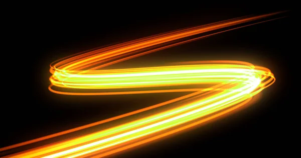Bright neon glowing light tail, energy wave line with flash lights effect. Magic orange yellow glow swirl trace path, on black background, optical fiber technology and light in speed motion